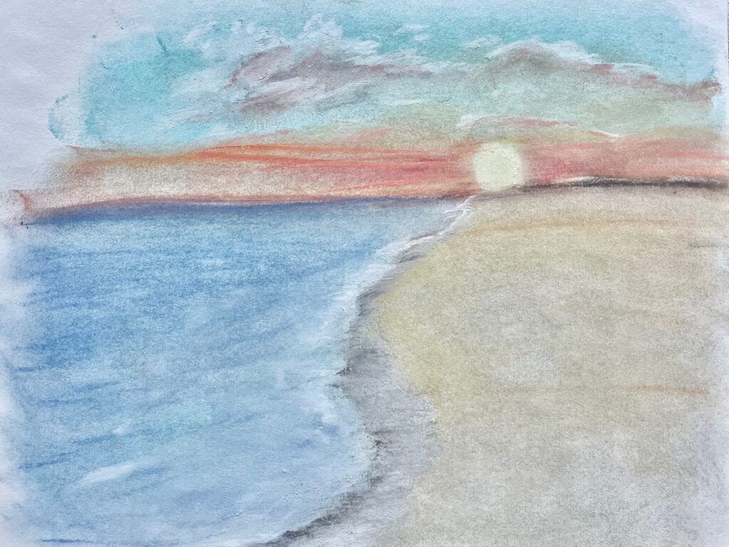 painting showing sunset on a beach