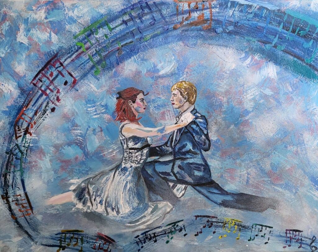 Painting entitled The Dancers. A man and woman are caught in a dancing pose with a banner of music notation around them. The primary color of the painting is blue.