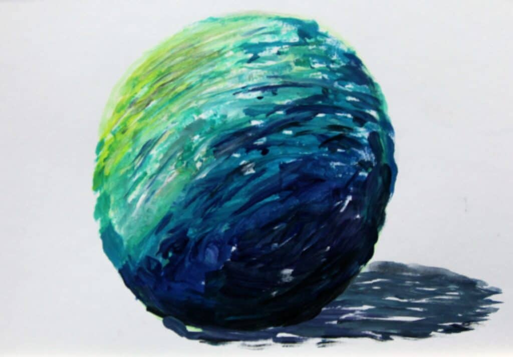 Painting of a ball, green on one side and blue on the other