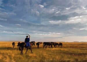 Painting of a man on horseback holding aloft a whip. A group of horses is behind him. The scene is set on an endless plain with cloudy blue skies above.
