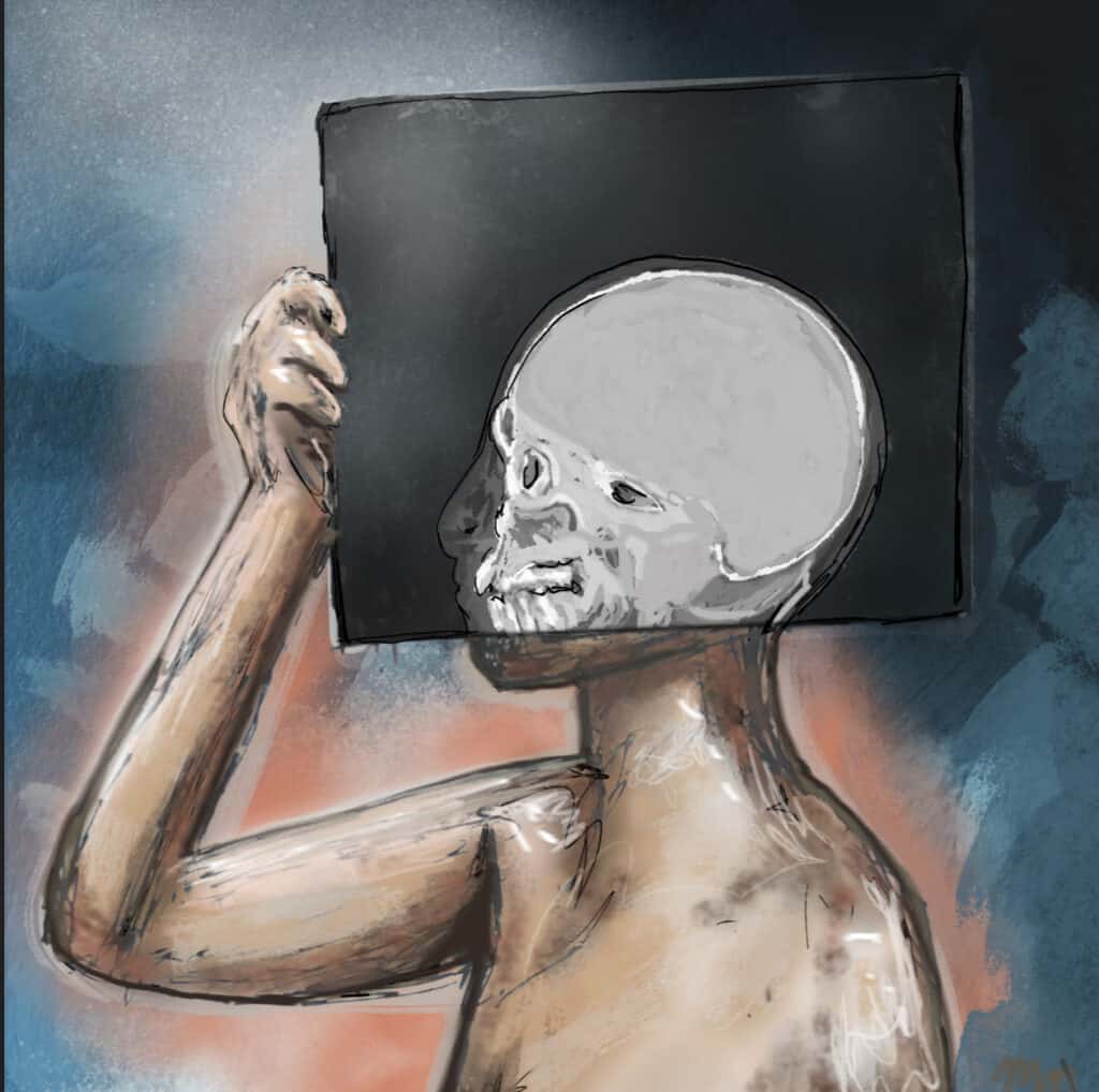 Painting of a human holding up a skull