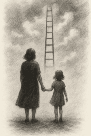 woman holding a child's hand while looking up a ladder going into the sky.